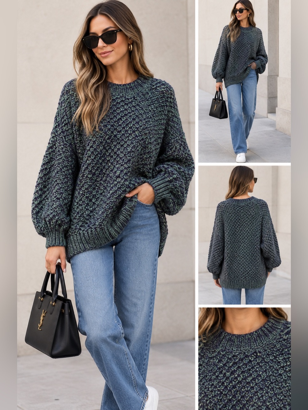 H&M Green Multicolor Chunky Balloon Sleeve Sweater